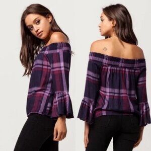 Ivy & Main Tilly's Purple Plaid Smocked Off the Shoulder Top Large NWT
